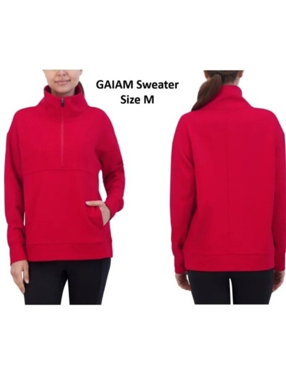 Gaiam Women's Ribbed Quarter Zip Red Pullover Sweatshirt Front Pockets Size M